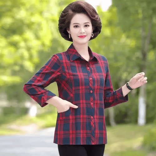 上衣纯棉妈妈格子奶奶宽松春秋