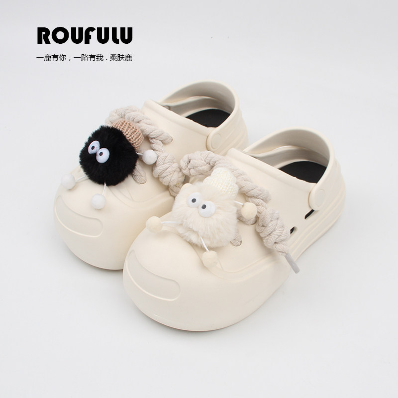 可爱毛球洞洞鞋女夏季外穿厚底增高大头开口笑少女包头凉拖鞋ins