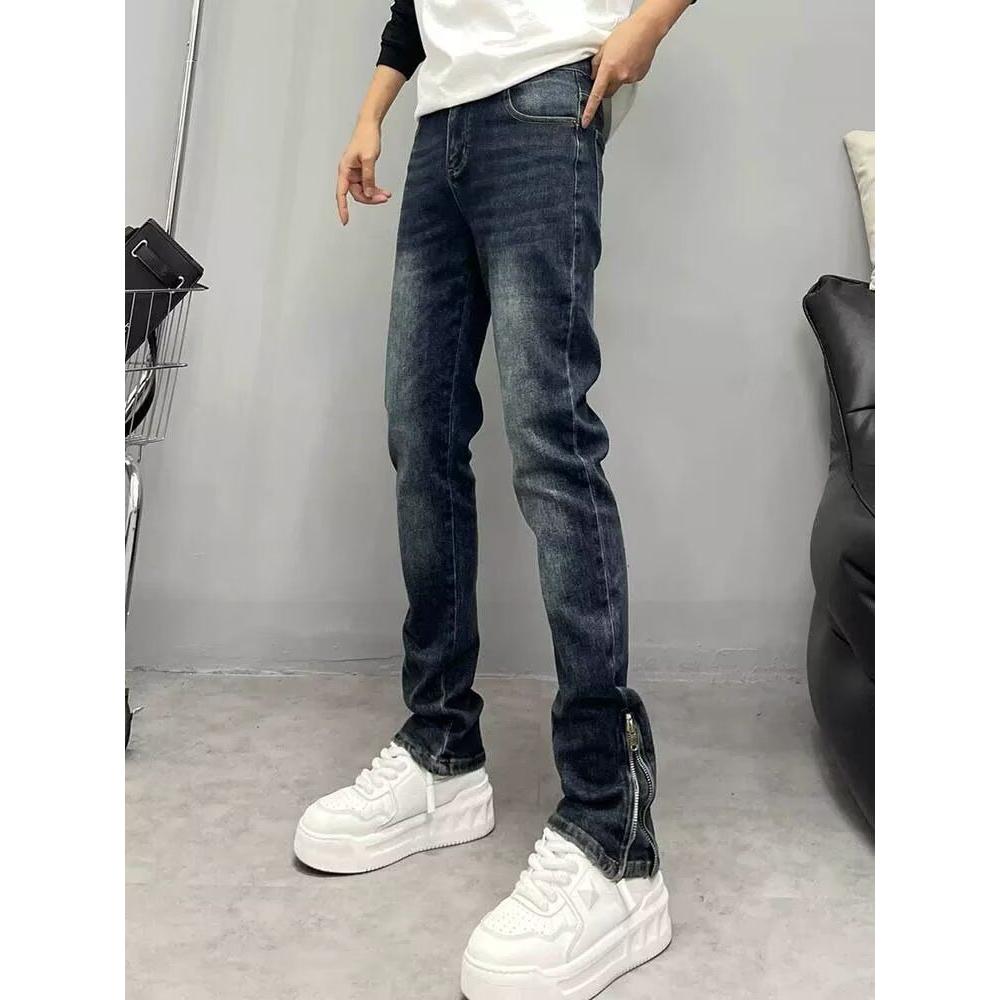 高端重工水洗深蓝色牛仔裤男修身小脚秋冬韩版脚口拉链微喇休闲裤