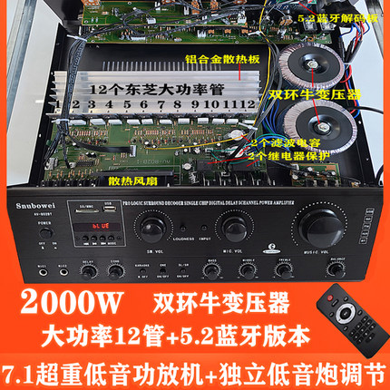 双环牛12管大功率功放专业7.1声道功放机重低音炮舞台音响蓝牙