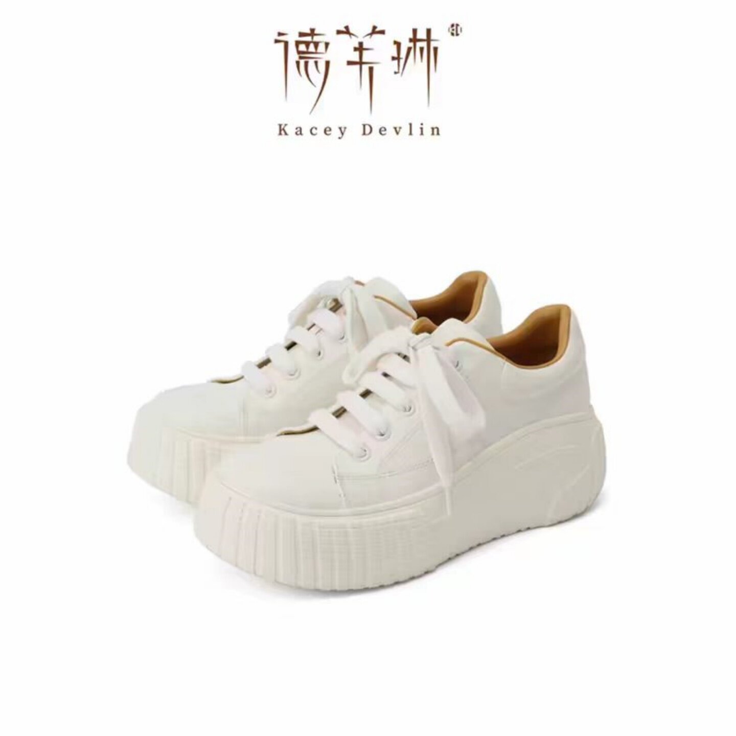 Kacey Devlin德芙琳真鹿皮厚底增高小白鞋女圆头休闲松糕鞋饼干鞋