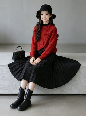 女童红色毛衣新年服秋冬季两件套