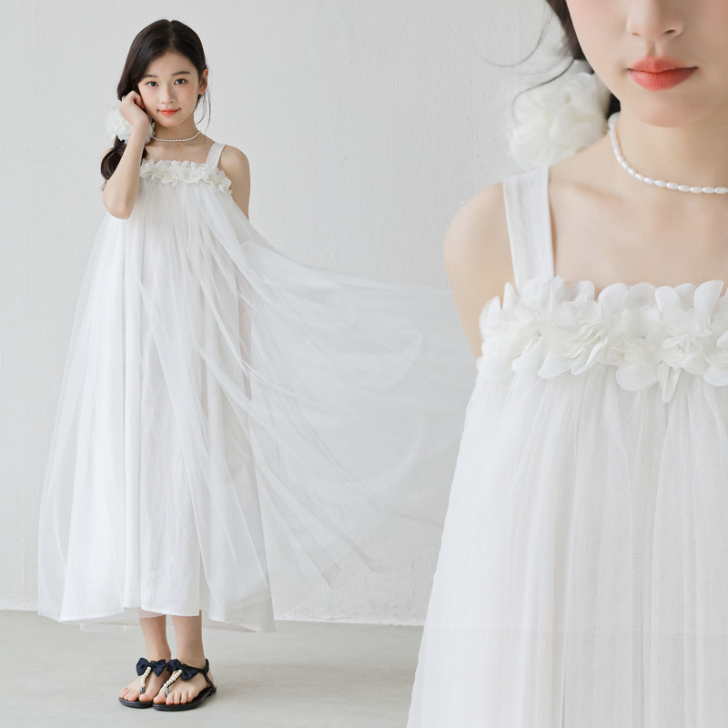 夏季女童白色网纱长款连衣裙吊带公主裙女孩生日礼服仙女裙沙滩裙