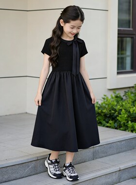 夏季女童短袖连衣裙黑色儿童洋气演出礼服中大童装连身裙蝴蝶结