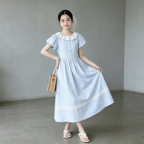 夏季女童短袖蕾丝纯棉公主裙蓝色
