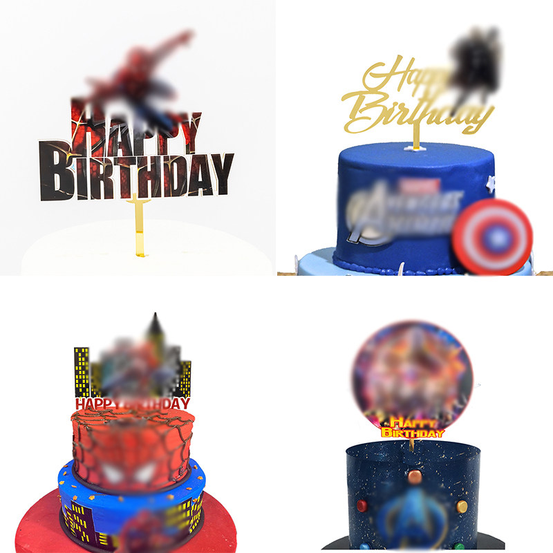 新款卡通彩印超人联盟插牌 蜘蛛房子生日快乐亚克力蛋糕烘焙插件