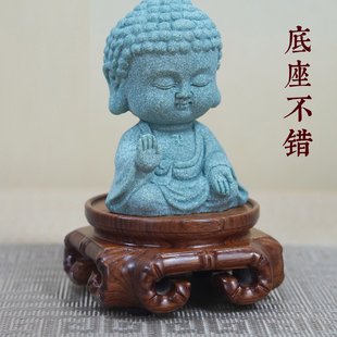 手工木雕佛陀摆件车载装饰品中式禅意桌面工艺品木质圆形酸枝底座