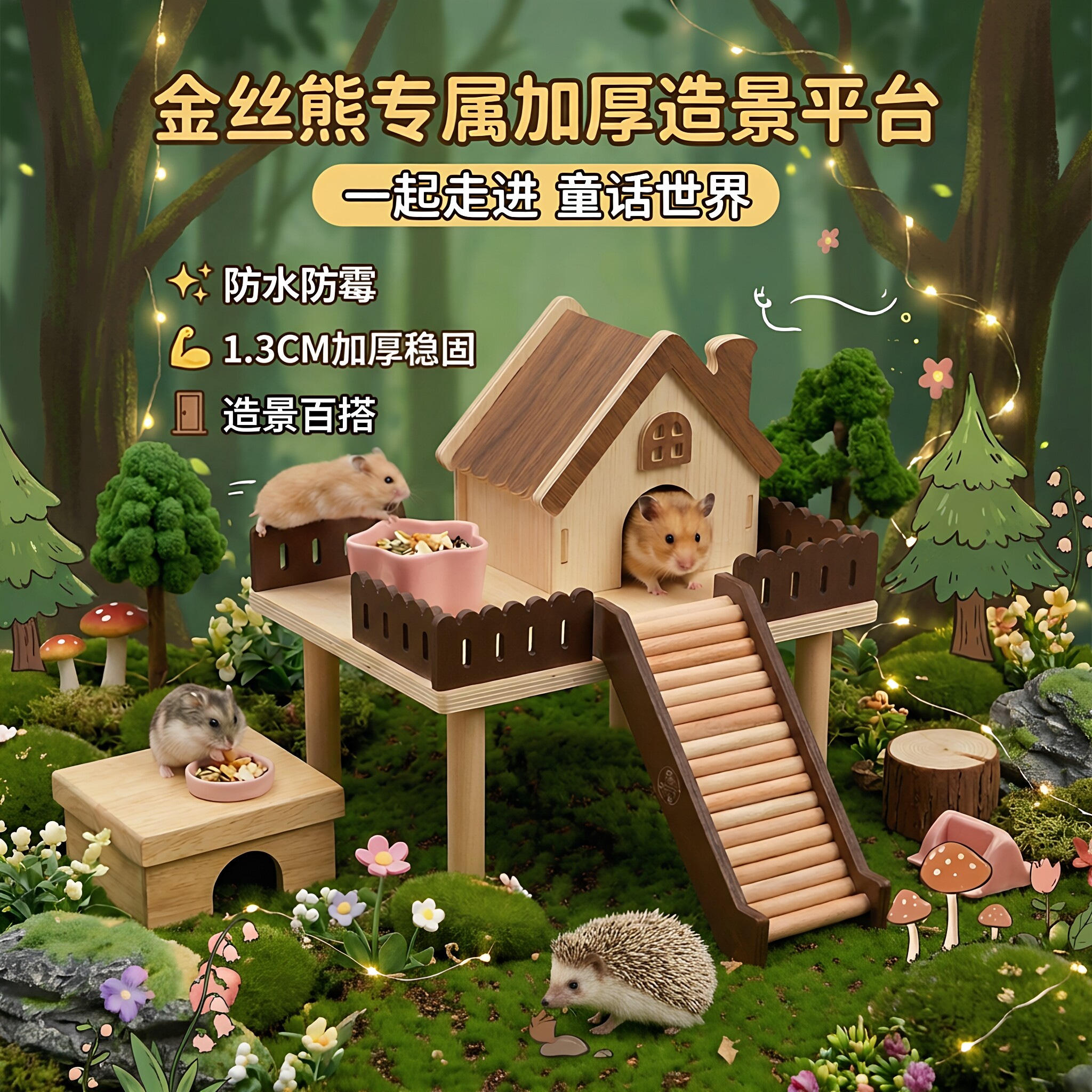 爱吉宠仓鼠笼二层造景平台加厚带梯子金丝熊躲避屋小房子木质装饰