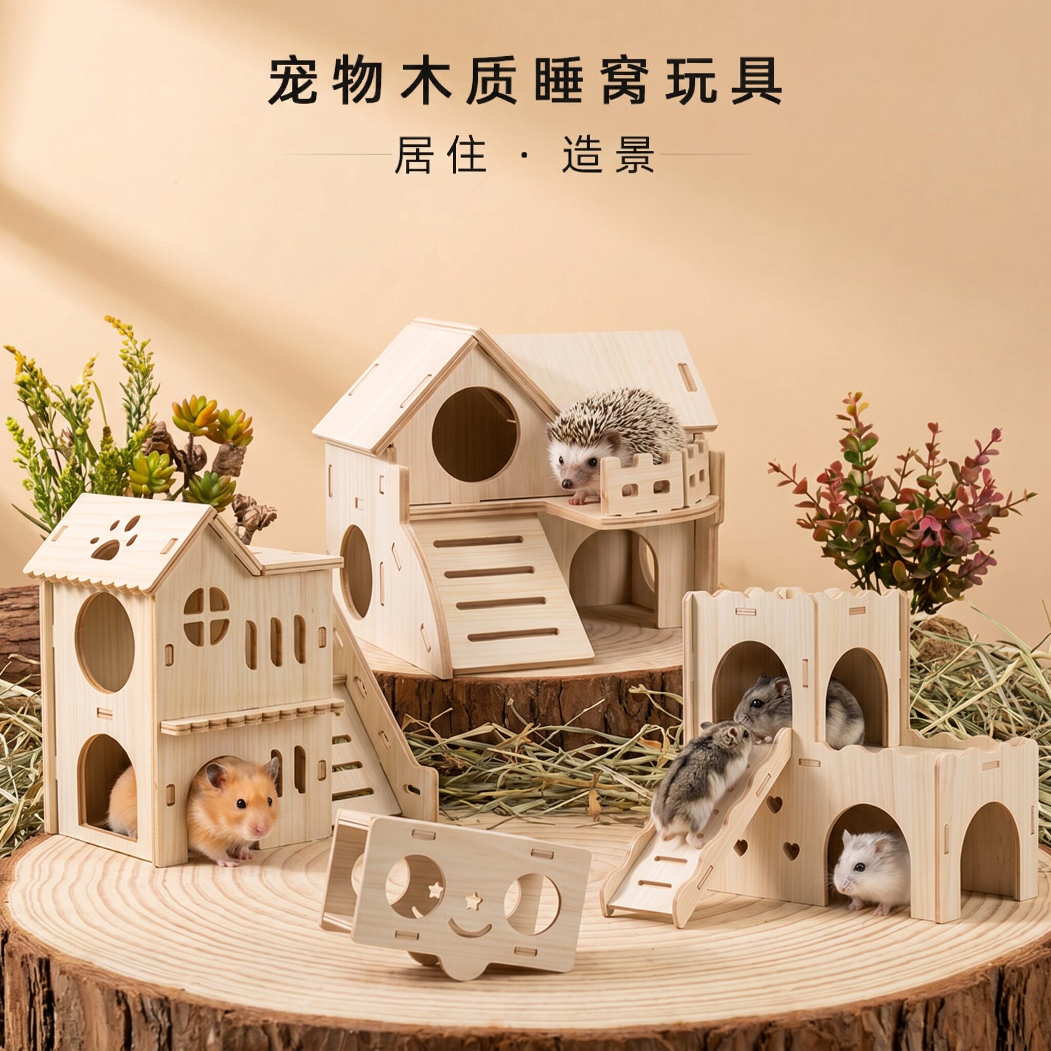 仓鼠睡窝金丝熊楼梯别墅刺猬睡房大号城堡蜜袋躲避屋芦丁木质屋子