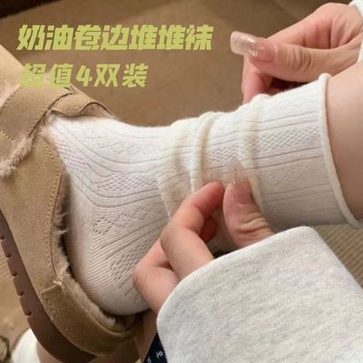 袜子女堆堆袜无骨春秋季月子袜中筒甜美暗纹透气网眼奶油JK学院风