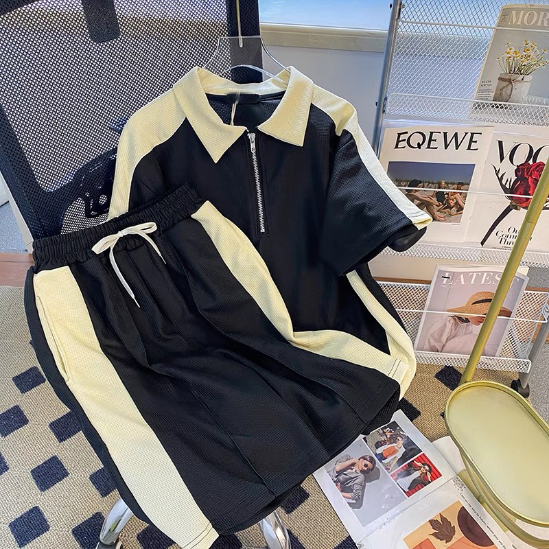 新款潮牌华夫格拼接翻领短袖polo衫男女宽松运动短裤搭配两件套