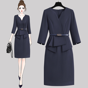 V领显瘦职业套装 假两件连衣裙酒店前台珠宝店售楼气质工作制服女