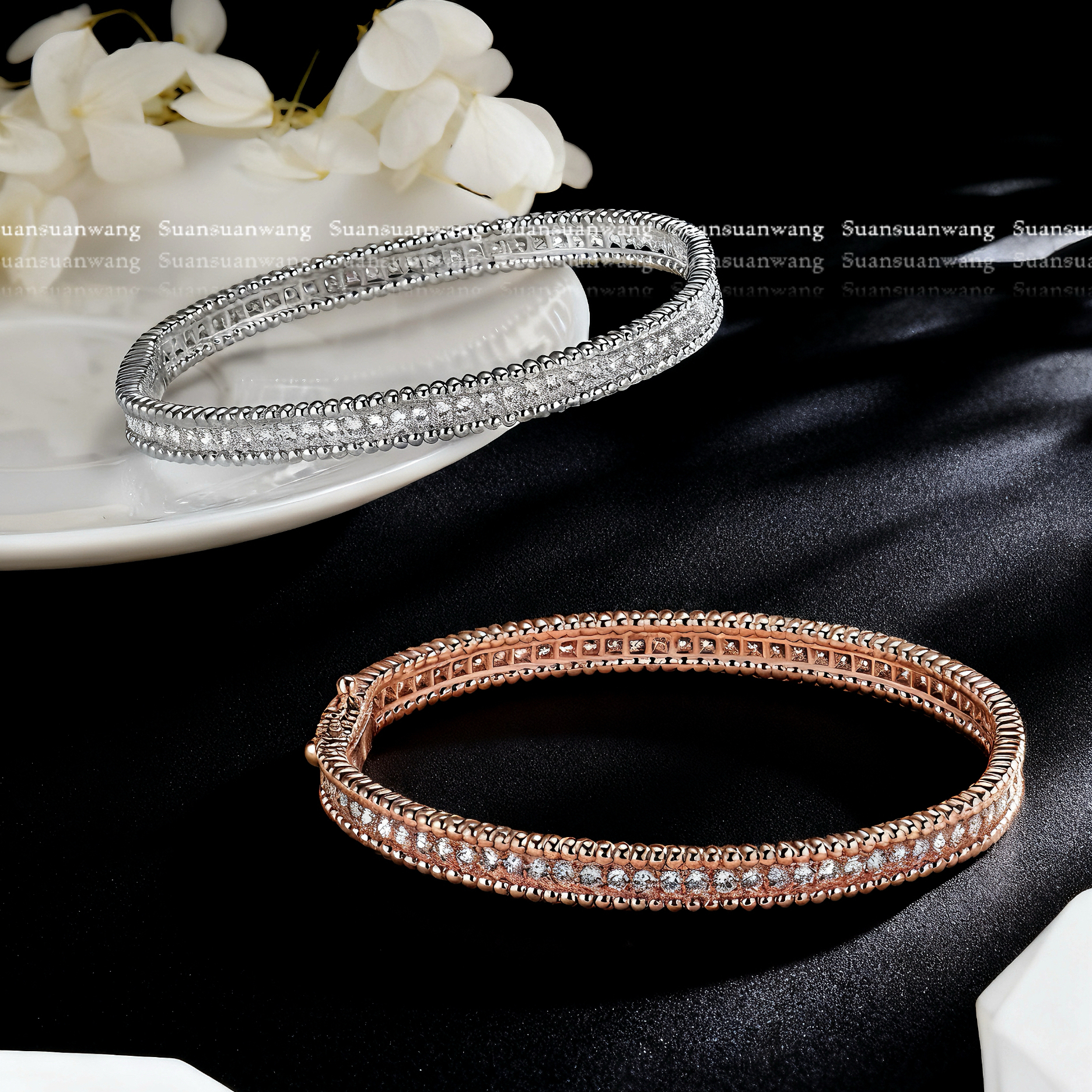 珠边排钻万花筒窄版手镯女白金玫瑰金珠珠满钻叠戴手环镀18k