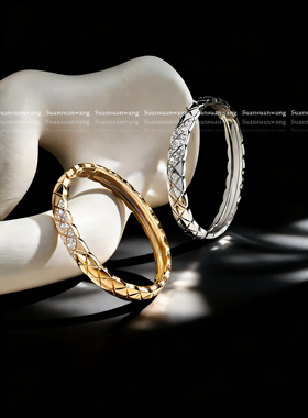 「Jennie同款」coco菱格纹手镯女V金镀18k玫瑰金白金宽窄版满钻