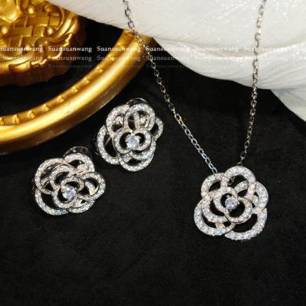「Camelia」高定！满钻山茶花项链耳钉耳环镂空新款925银奢华珠宝