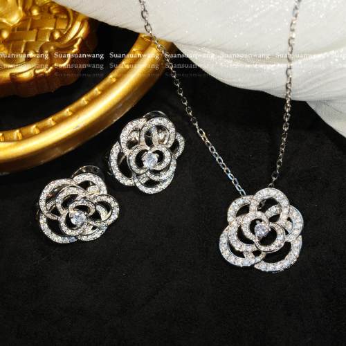 「Camelia」高定！满钻山茶花项链耳钉耳环镂空新款925银奢华珠宝