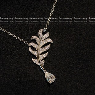 白富美之选·plume白金色闪钻满钻羽毛水滴项链925银绝美灵动