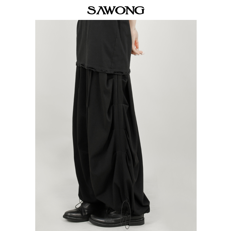 SAWONG秋季新款原创设计暗黑日系个性小众褶皱休闲宽松长裤阔腿裤