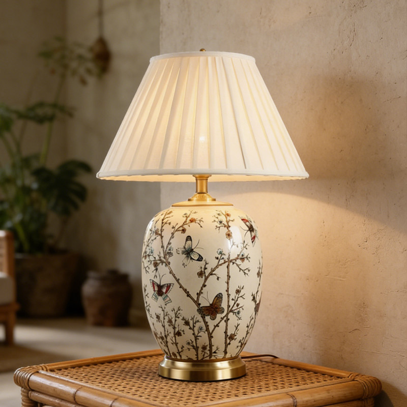 2025新中式陶瓷纯铜装饰花鸟台灯大客厅边几卧室床头灯美式复古灯