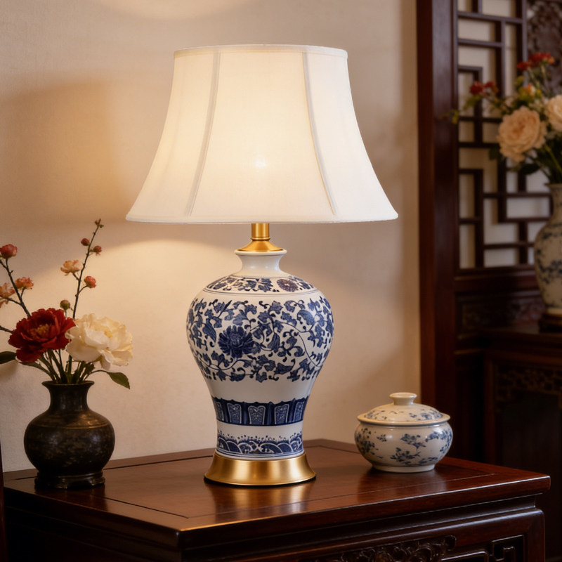 景德镇古典青花陶瓷台灯新中式家用书房客厅角几酒店样板间暖光灯