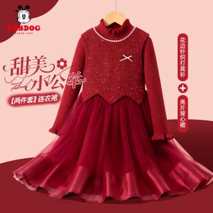 巴布豆女童连衣裙2026新款冬装洋气红色小女孩毛衣裙子儿童公主裙