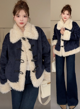 NN家秋冬加厚方领牛角扣仿羊羔毛麂皮绒皮毛一体环保皮草外套2004
