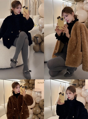 NN家秋冬加厚女V领仿皮草羊羔毛麂皮绒皮毛一体环保皮草外套2020