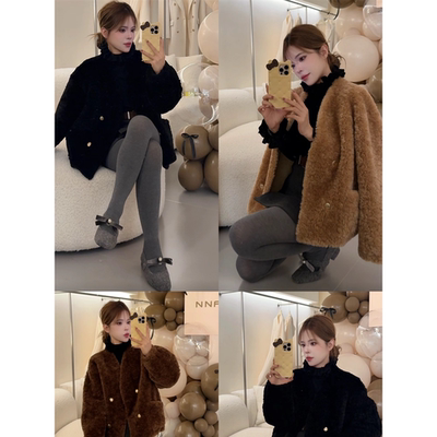 V领“小金豆”短款纯色仿皮草