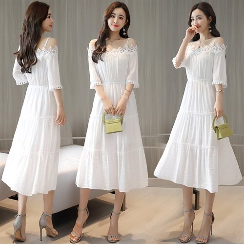 820款P85控138白色吊带中长款一字领连衣裙2022夏装新款女装图片