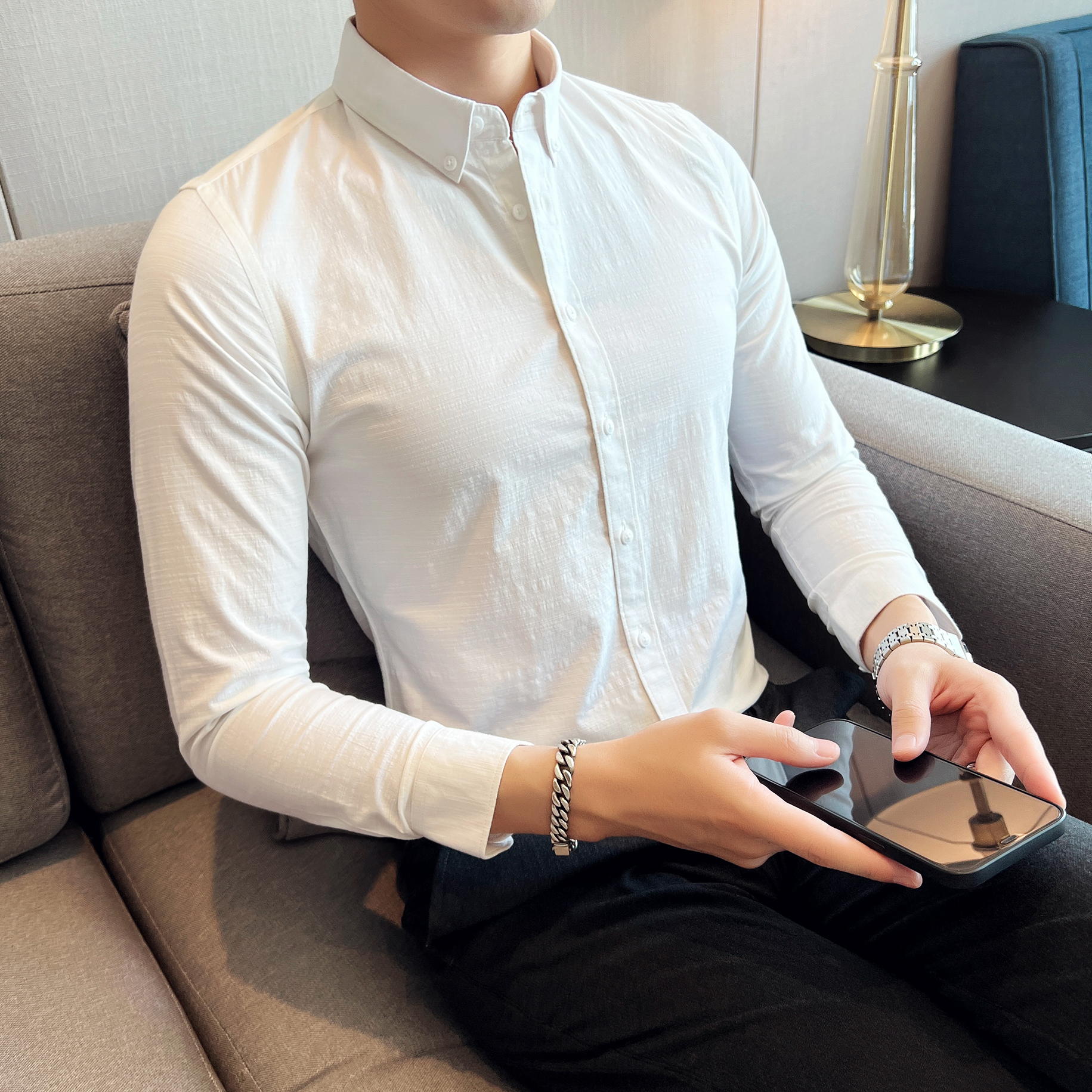 2025秋季薄款时尚风气质修身休闲白色衬衣男CSC2202-P58，男装衬衫，电商A311