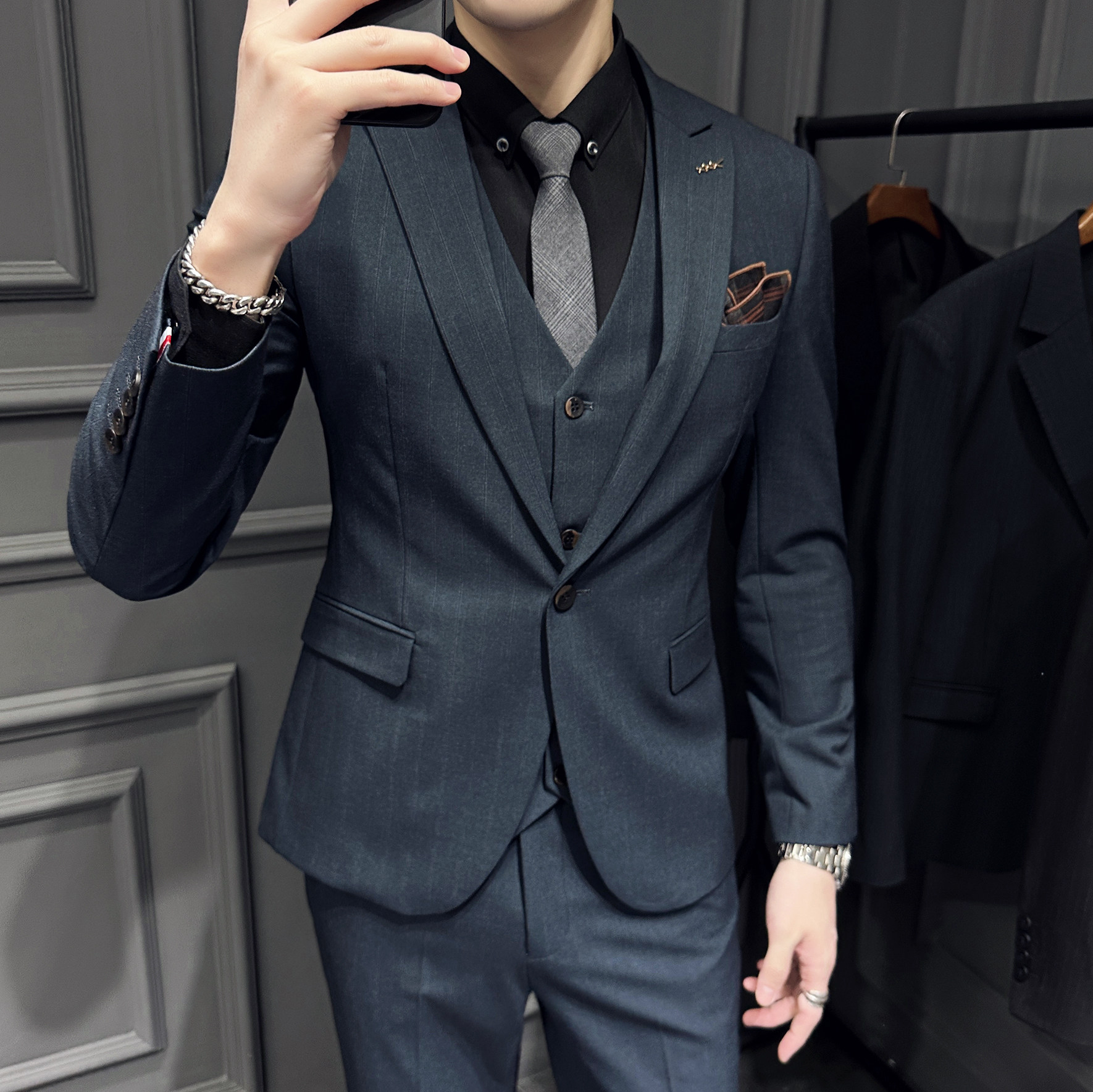 23春季条纹商务正装韩版小西装三件套男士西服A311-SJT9973-P285图片