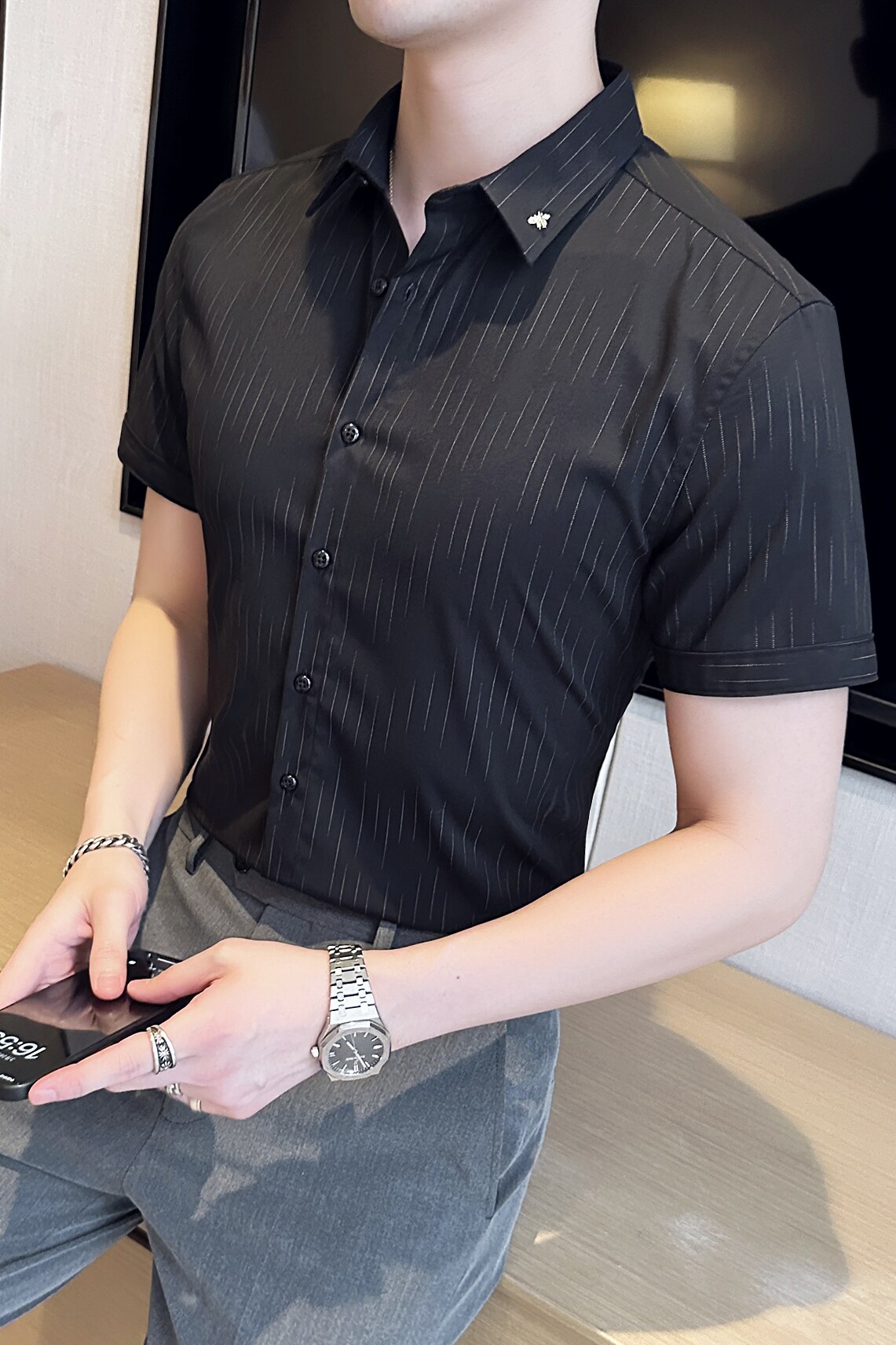 2025夏季新款短袖条纹衬衫韩版修身商务休闲衬衣男A311-CS861-P68,男装T恤,电商A311