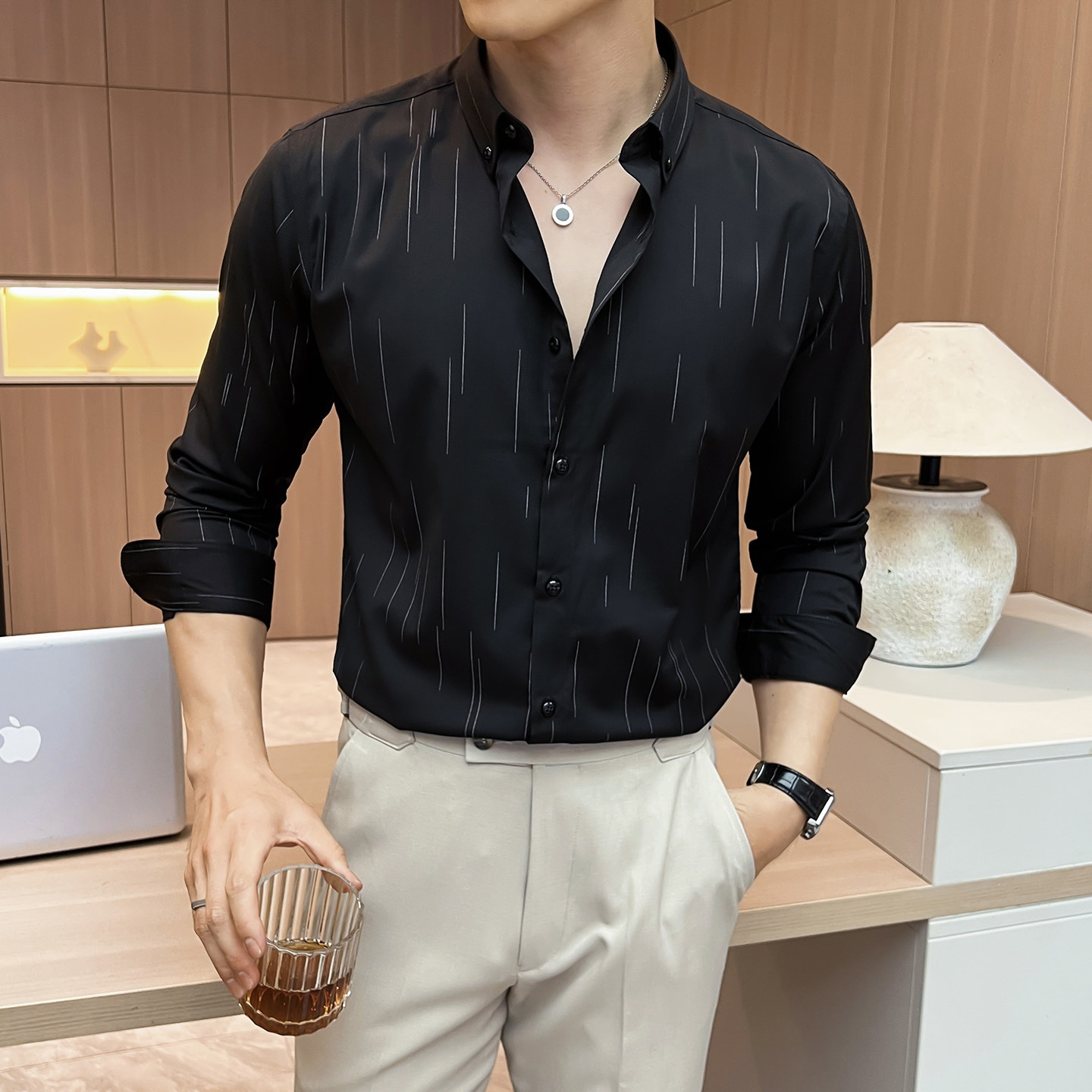 酒店景2025秋季新款流行条纯色长袖衬衫男休闲A311-CSZ8856-P48,男装衬衫,电商A311