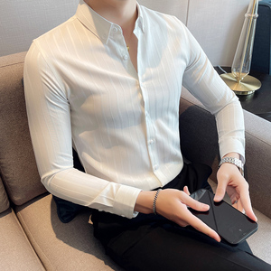 2025秋季新款条纹衬衫网红韩版修身休闲白色衬衣男CSC316-P58图片