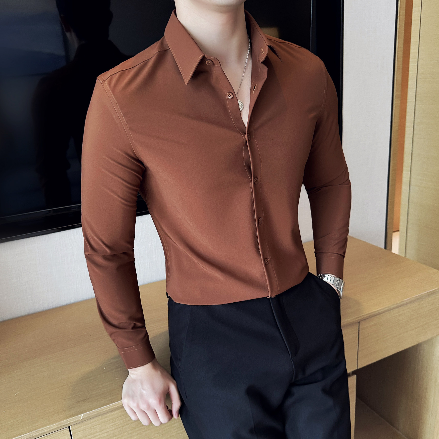男士长袖衬衫秋季韩版潮流免烫休闲帅气修身版型A311-CSG1120-P50图片