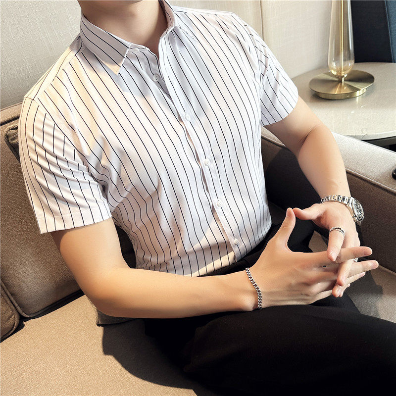 2025夏季短袖条纹衬衫韩版修身商务休闲衬衣男A311-CSZ88070-P45,男装衬衫,电商A311