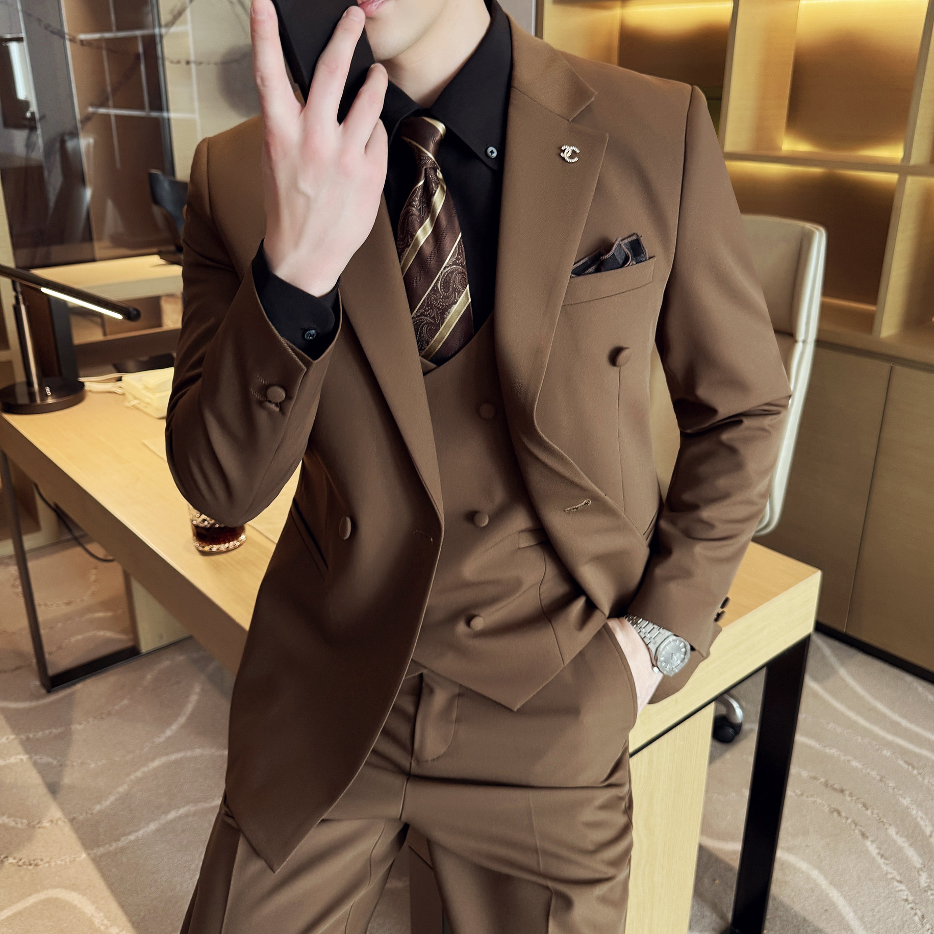 酒店景2025春季套装修身休闲商务大码男士礼服A311-SJT9001-P285,男装西服套装,电商A311