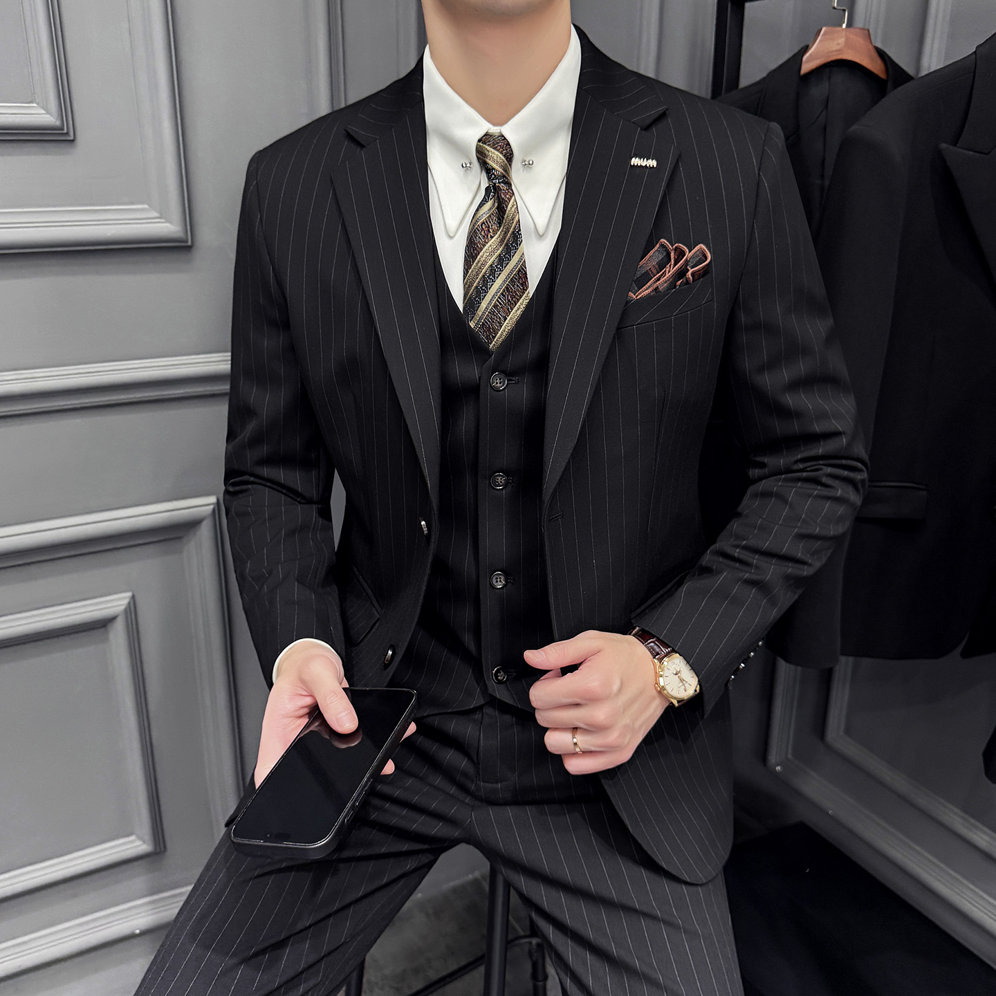 木框景2025秋季西服套装条纹休闲商务大码西服A311-SJT9960-P285，男装西服套装，电商A311