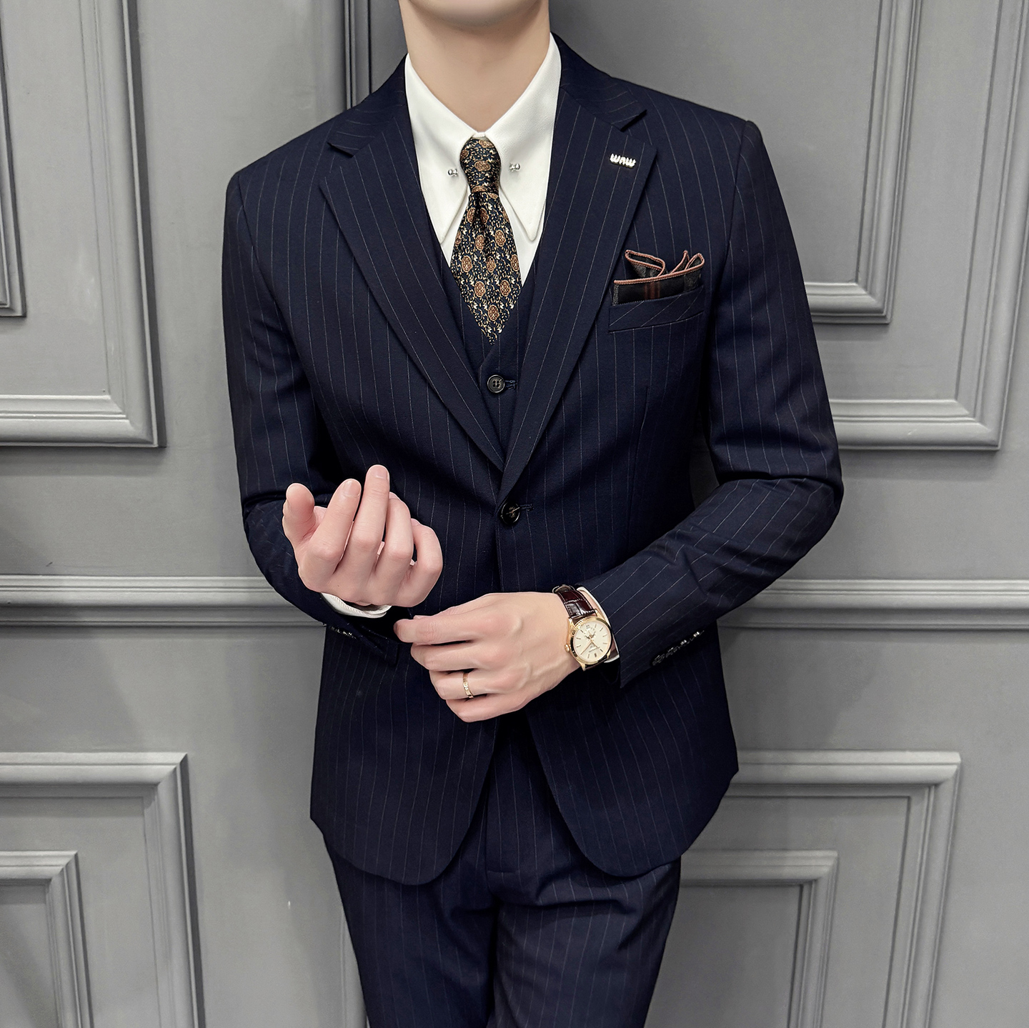 木框景2025秋季西服套装条纹休闲商务大码西服A311-SJT9960-P285，男装西服套装，电商A311