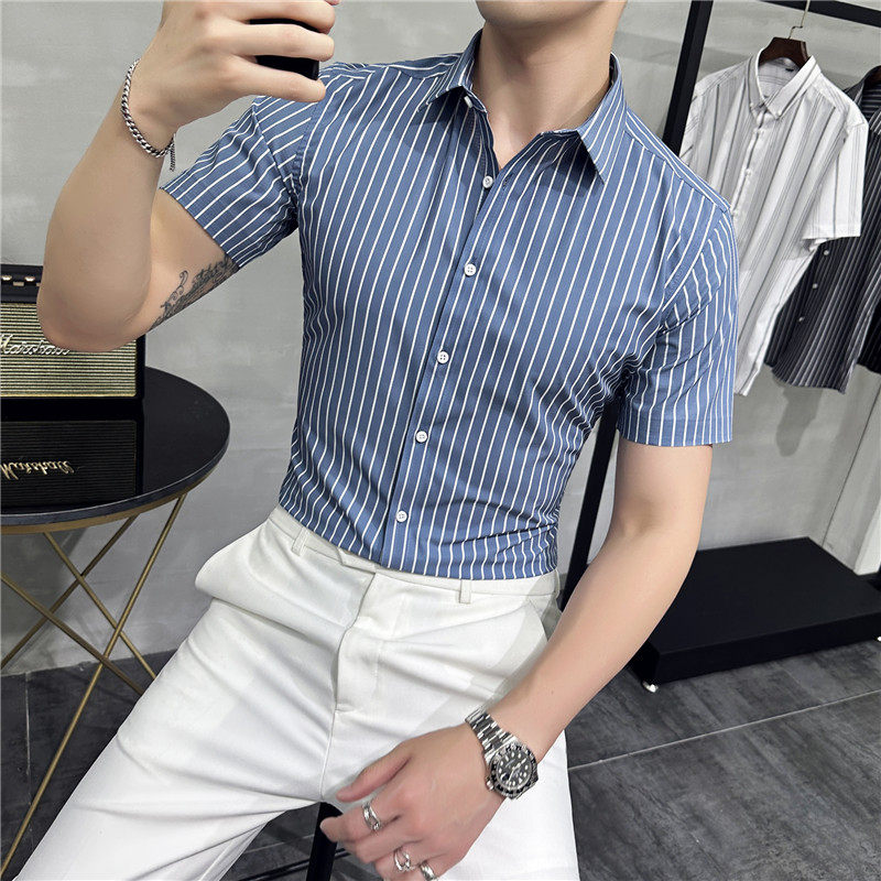 2025夏季短袖条纹衬衫韩版无痕商务休闲衬衣男A311-CSZ6800-P60,男装T恤,电商A311