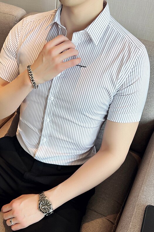 条纹刺绣短袖男衬衫2025夏季潮流时尚修身衬衣A311-CSC88590-P58,男装T恤,电商A311