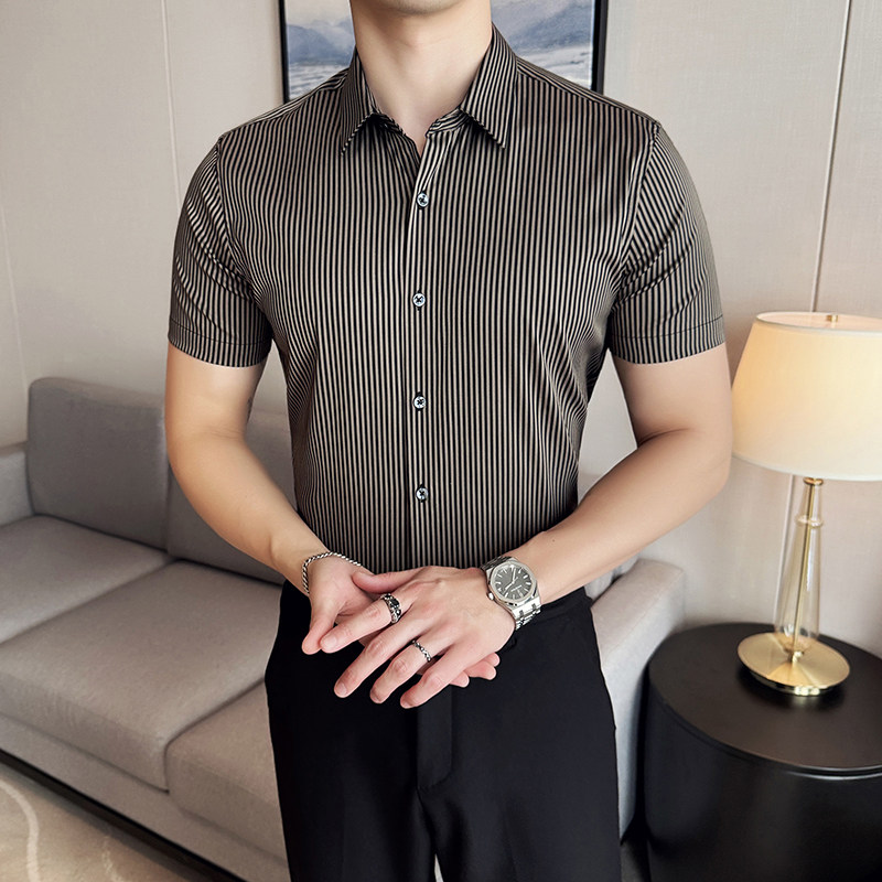 条纹短袖衬衫男士2025夏季新款轻奢高级感男装A311-CSC2403-P55,男装T恤,电商A311