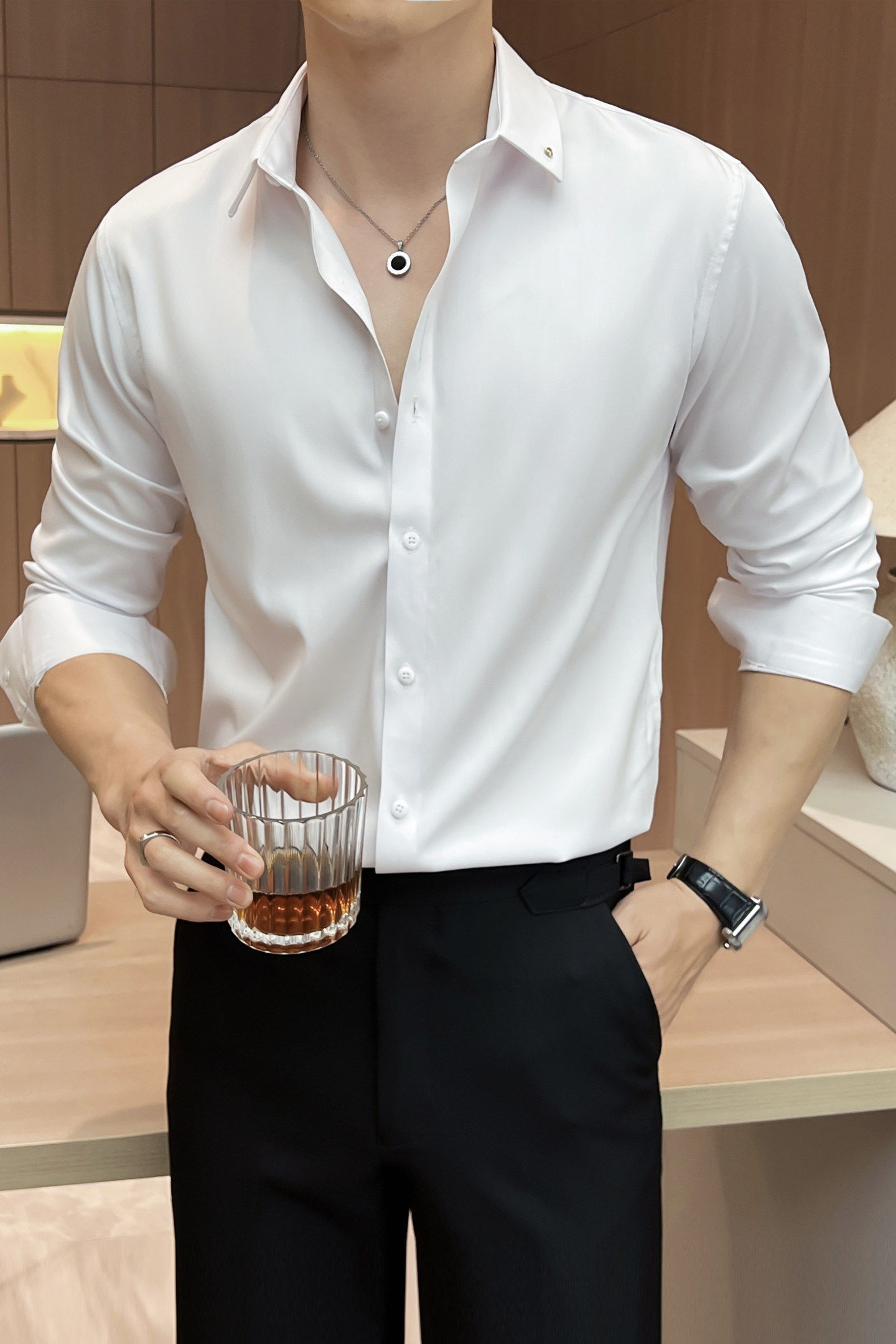酒店景2025秋季新款刺绣无痕纯色长袖衬衫男休闲A311-CS3085-P68,男装衬衫,电商A311