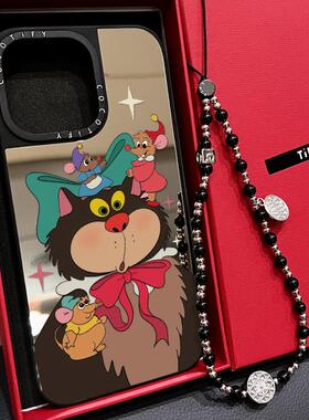 C家卡通路西法猫适用苹果15pro手机壳iphone16保护套14promax镜面MagSafe磁吸13创意12新款17PRO手链挂绳plus