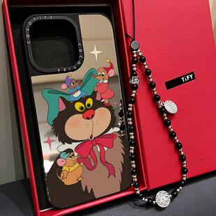 C家卡通路西法猫适用苹果15pro手机壳iphone16保护套14promax镜面MagSafe磁吸13创意12新款17PRO手链挂绳plus