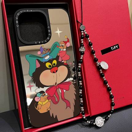 C家卡通路西法猫适用苹果15pro手机壳iphone16保护套14promax镜面MagSafe磁吸13创意12新款17PRO手链挂绳plus