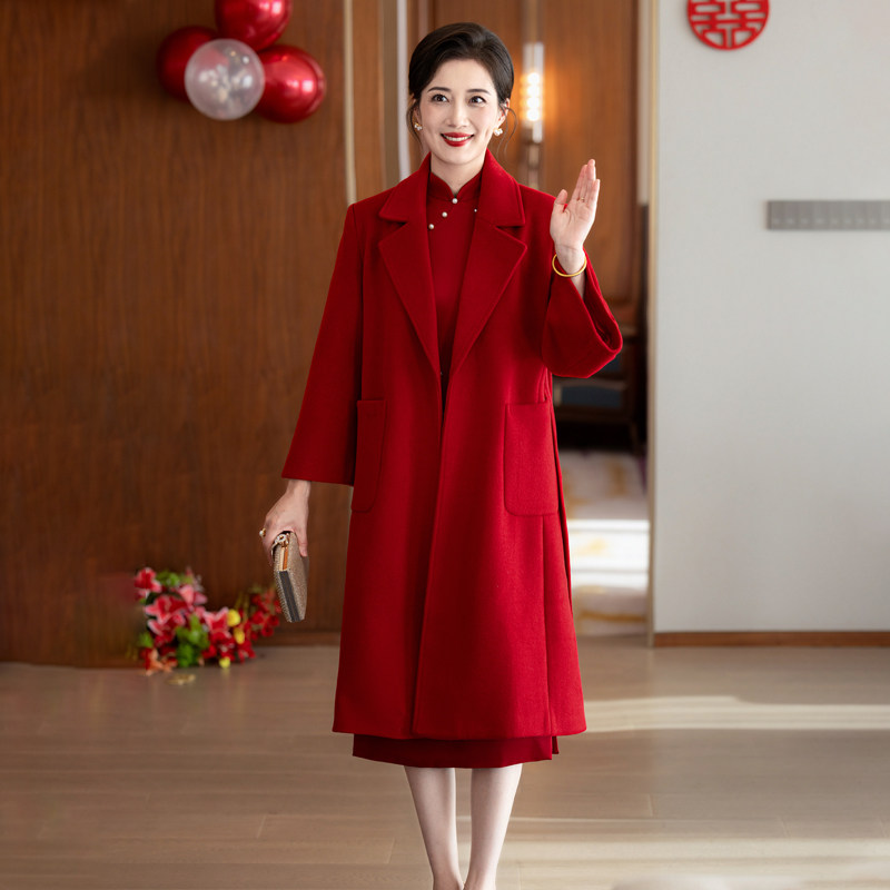 酒红喜婆婆呢子大衣2025秋冬季新款气质妈妈婚宴礼服羊毛呢外套女