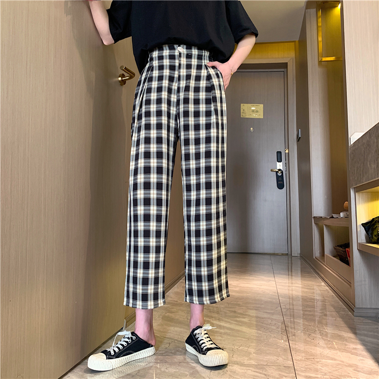 Real price ~ New Korean loose back elastic waist versatile Plaid casual pants~