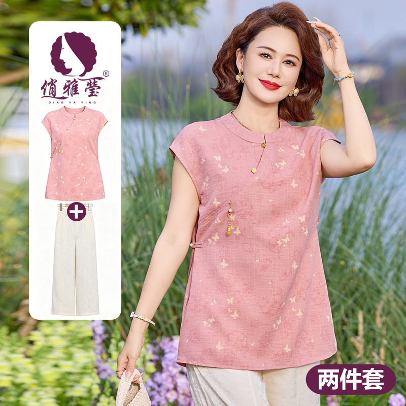 中老年女装夏套装新中式国风盘扣上衣洋气妈妈装夏天衣服两件套
