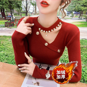 加绒加厚挂脖针织衫女秋冬2025新款修身镂空毛衣打底衫内搭上衣